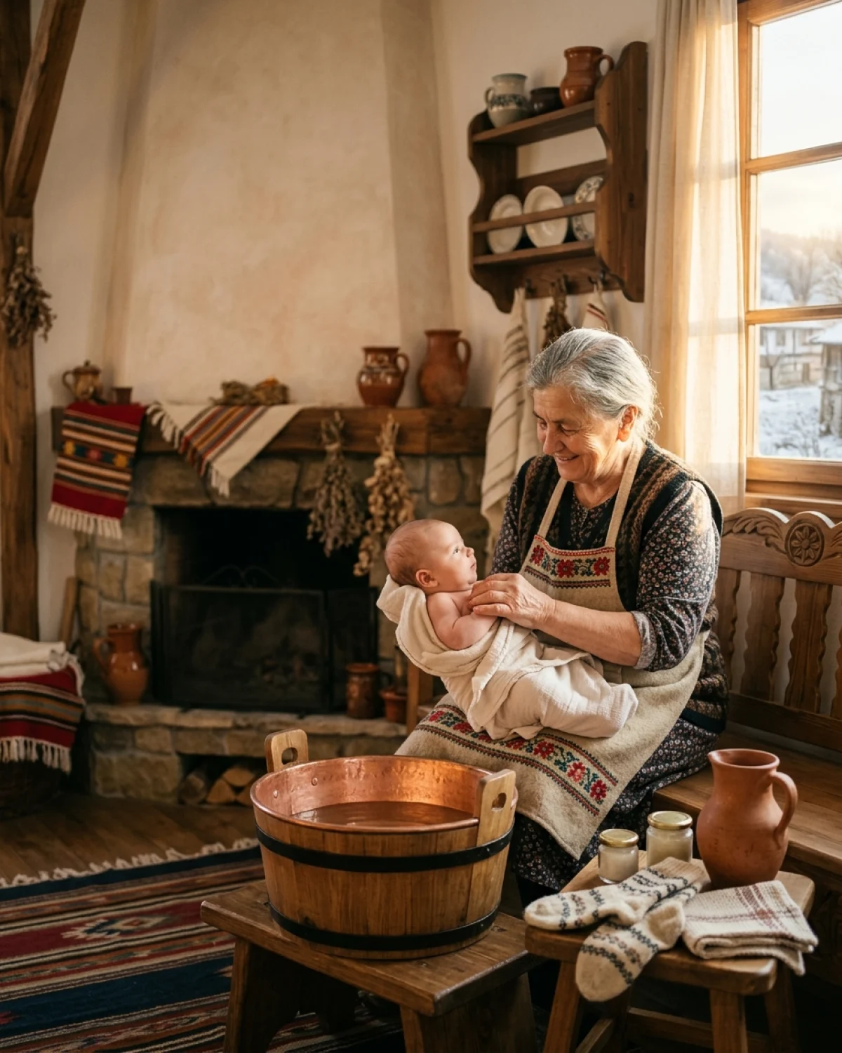 Фон за картичка за Бабинден – фотореалистичен стил, цветове: естествени неутрални тонове, топли акценти (вариант 3)